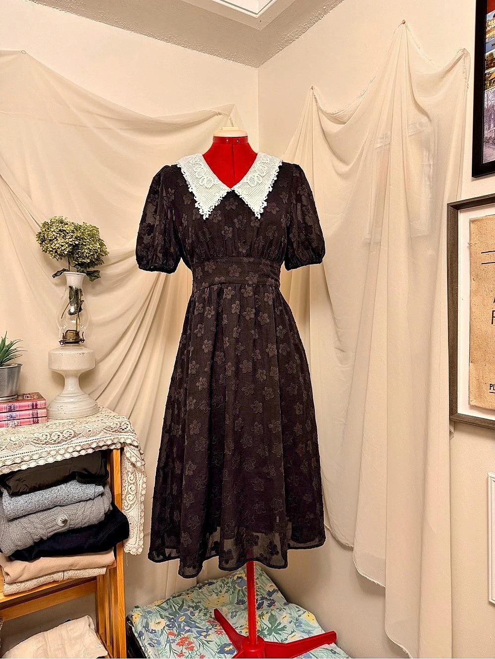 For-Wind Studio Black Floral Midi Dress With Lace Collar